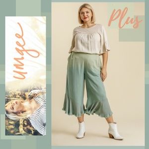 Umgee Dip Die Wide Leg Pant Ruffle Raw Hem Pockets